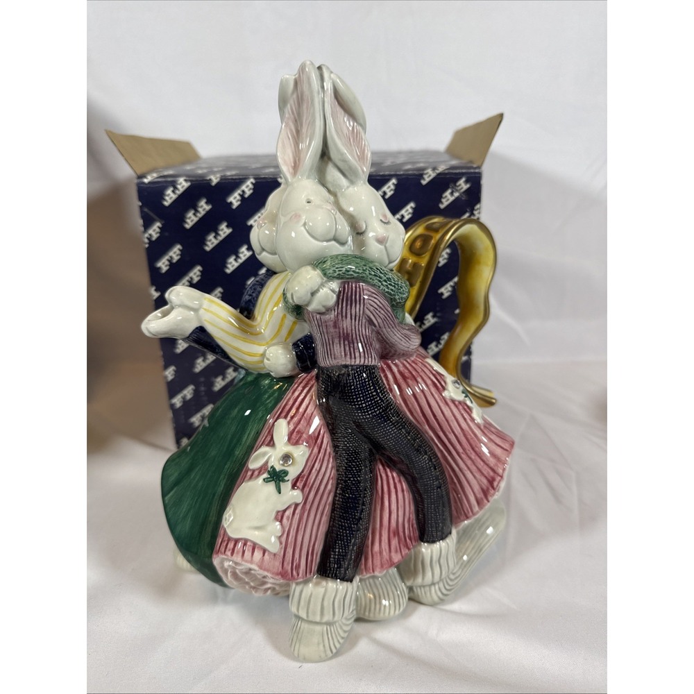Vintage 1994 Fitz & Floyd Rabbits Teapot Hopper High Rare Vibrant 37oz
